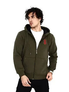 Unisex Baskılı Tam Fermuarlı Kapşonlu Sweatshirt - Haki