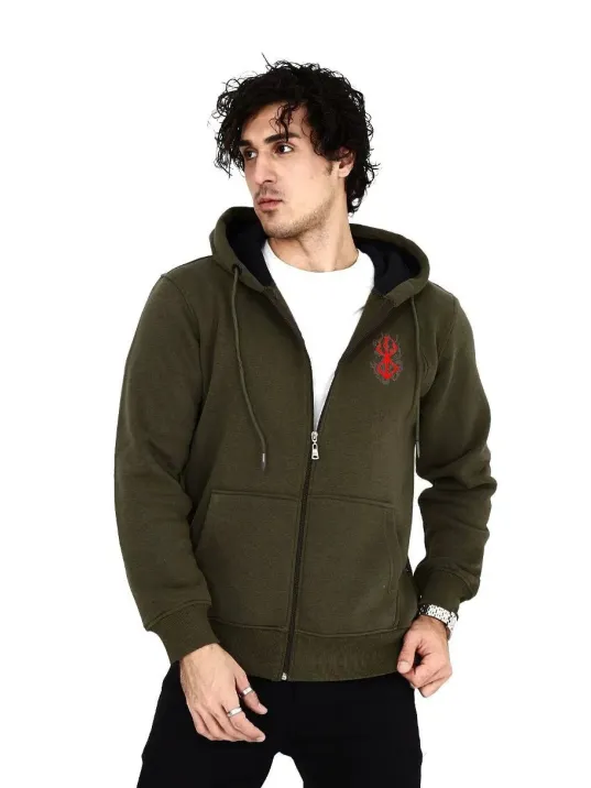 Unisex Baskılı Tam Fermuarlı Kapşonlu SweatShirt - Haki Unisex Baskılı Tam Fermuarlı Kapşonlu SweatShirt - Haki