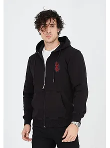 Unisex Baskılı Tam Fermuarlı Kapşonlu Sweatshirt - Siyah
