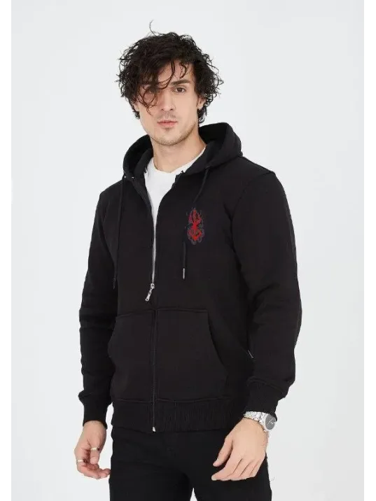 Unisex Baskılı Tam Fermuarlı Kapşonlu SweatShirt - Siyah Unisex Baskılı Tam Fermuarlı Kapşonlu SweatShirt - Siyah