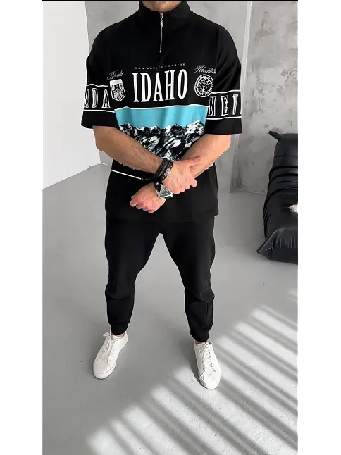 Unisex Baskılı Yarım Fermuarlı T-shirt - Siyah