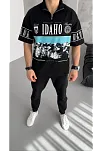 Unisex Baskılı Yarım Fermuarlı T-shirt - Siyah