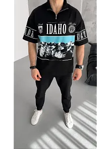Unisex Baskılı Yarım Fermuarlı T-shirt - Siyah