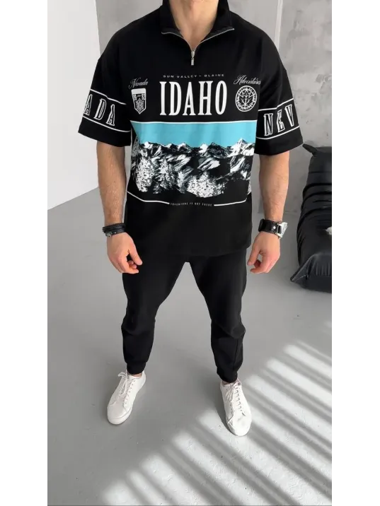 Unisex Baskılı Yarım Fermuarlı T-Shirt - Siyah Unisex Baskılı Yarım Fermuarlı T-Shirt - Siyah