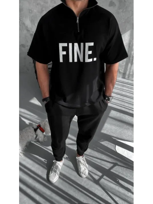 Unisex Baskılı Yarım Fermuarlı T-Shirt - Siyah Unisex Baskılı Yarım Fermuarlı T-Shirt - Siyah