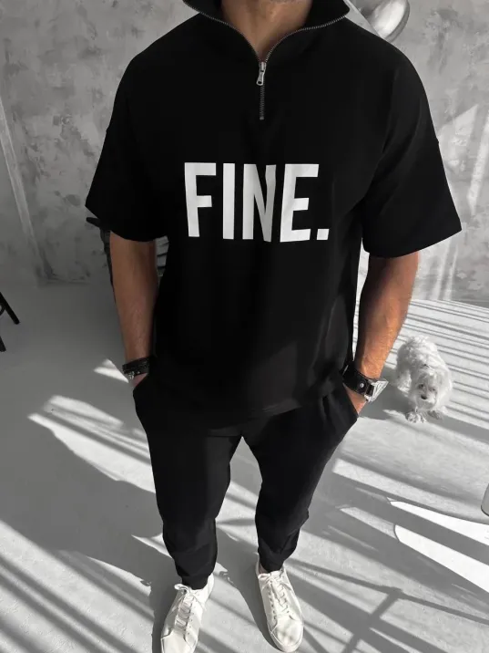 Unisex Baskılı Yarım Fermuarlı T-Shirt - Siyah Unisex Baskılı Yarım Fermuarlı T-Shirt - Siyah