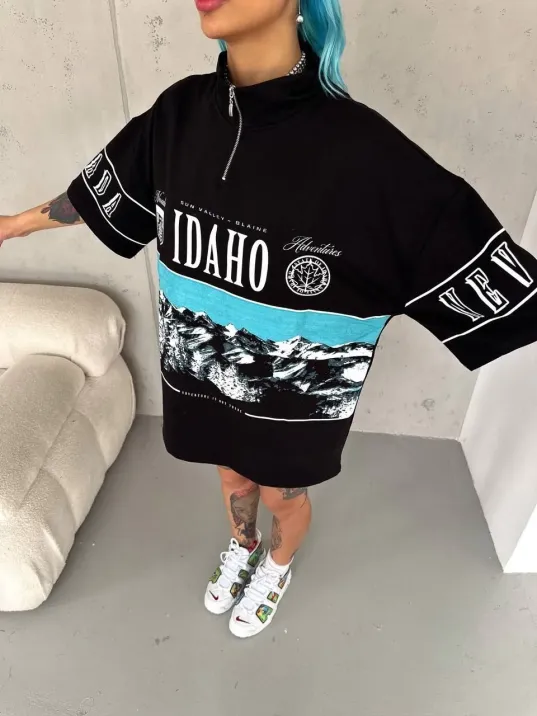 Unisex Baskılı Yarım Fermuarlı T-Shirt - Siyah Unisex Baskılı Yarım Fermuarlı T-Shirt - Siyah