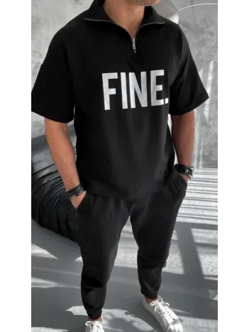 Unisex Baskılı Yarım Fermuarlı T-Shirt - Siyah Unisex Baskılı Yarım Fermuarlı T-Shirt - Siyah