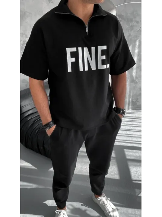 Unisex Baskılı Yarım Fermuarlı T-Shirt - Siyah Unisex Baskılı Yarım Fermuarlı T-Shirt - Siyah