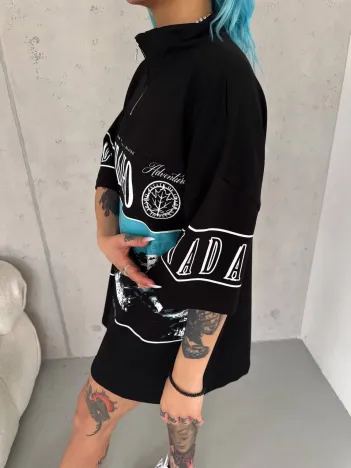 Unisex Baskılı Yarım Fermuarlı T-Shirt - Siyah