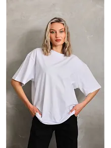 Unisex Bisiklet Yaka 20/1 Düz Oversize T-shirt - Beyaz