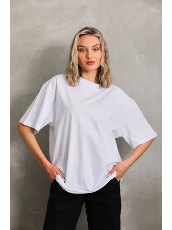 Unisex Bisiklet Yaka 20/1 Düz Oversize T-Shirt - Beyaz