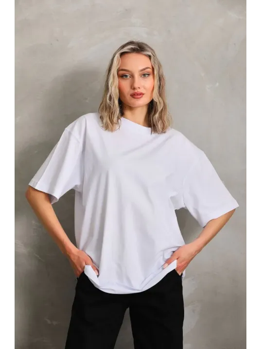 Unisex Bisiklet Yaka 20/1 Düz Oversize T-Shirt - Beyaz