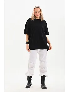 Unisex Bisiklet Yaka 20/1 Düz Oversize T-shirt - Siyah