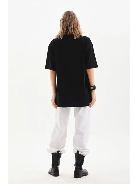 Unisex Bisiklet Yaka 20/1 Düz Oversize T-shirt - Siyah
