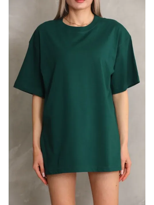 Kadın Düz A Kalite Pamuklu Penye T-shirt- Yeşil