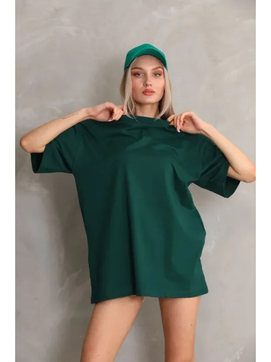 Kadın Düz A Kalite Pamuklu Penye T-shirt- Yeşil