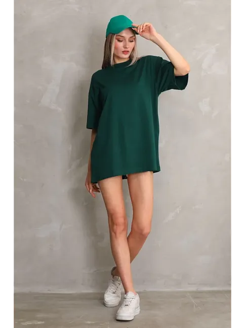 Kadın Düz A Kalite Pamuklu Penye T-shirt- Yeşil