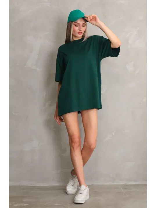 Kadın Düz A Kalite Pamuklu Penye T-shirt- Yeşil