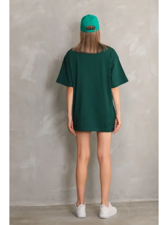 Kadın Düz A Kalite Pamuklu Penye T-shirt- Yeşil