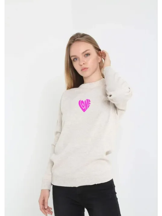 Unisex Bisiklet Yaka Baskılı Dokuma Triko - Bej Unisex Bisiklet Yaka Baskılı Dokuma Triko - Bej