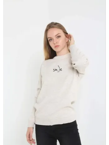 Unisex Bisiklet Yaka Baskılı Dokuma Triko - Bej Unisex Bisiklet Yaka Baskılı Dokuma Triko - Bej