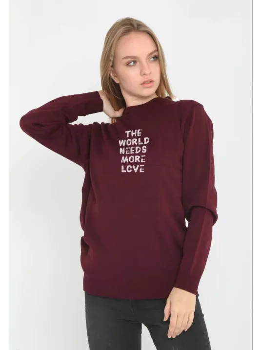 Unisex Bisiklet Yaka Baskılı Dokuma Triko - Bordo Unisex Bisiklet Yaka Baskılı Dokuma Triko - Bordo