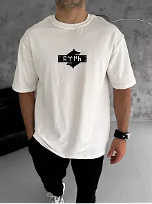 Unisex Bisiklet Yaka Baskılı Double Oversize T-shirt - Beyaz