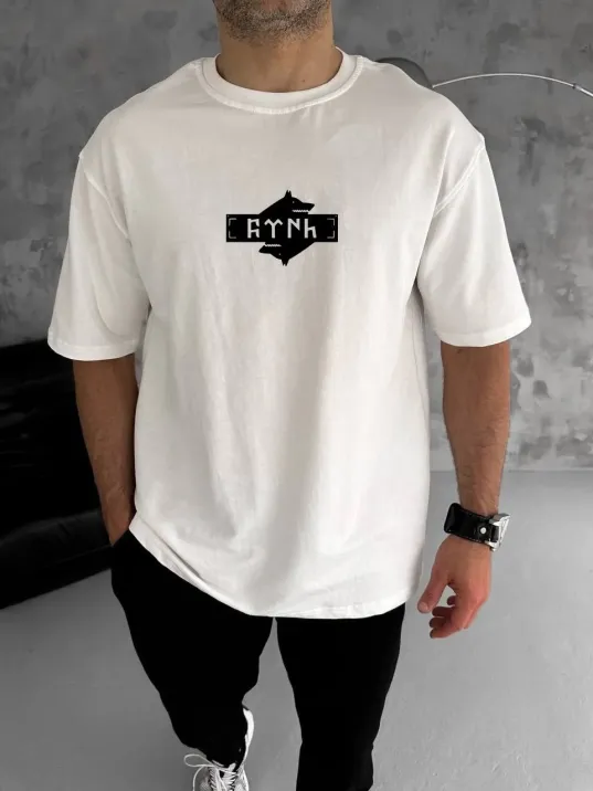 Unisex Bisiklet Yaka Baskılı Double Oversize T-Shirt - Beyaz Unisex Bisiklet Yaka Baskılı Double Oversize T-Shirt - Beyaz