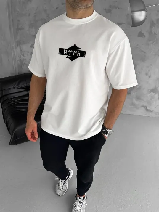 Unisex Bisiklet Yaka Baskılı Double Oversize T-Shirt - Beyaz Unisex Bisiklet Yaka Baskılı Double Oversize T-Shirt - Beyaz