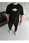 Unisex Bisiklet Yaka Baskılı Double Oversize T-shirt - Siyah