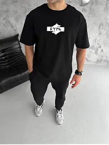 Unisex Bisiklet Yaka Baskılı Double Oversize T-shirt - Siyah