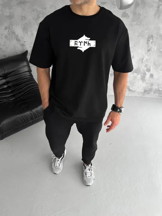 Unisex Bisiklet Yaka Baskılı Double Oversize T-Shirt - Siyah Unisex Bisiklet Yaka Baskılı Double Oversize T-Shirt - Siyah