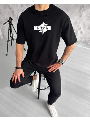 Unisex Bisiklet Yaka Baskılı Double Oversize T-Shirt - Siyah Unisex Bisiklet Yaka Baskılı Double Oversize T-Shirt - Siyah