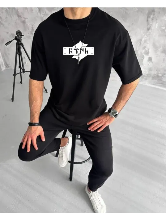 Unisex Bisiklet Yaka Baskılı Double Oversize T-Shirt - Siyah Unisex Bisiklet Yaka Baskılı Double Oversize T-Shirt - Siyah