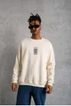 Unisex Bisiklet Yaka Baskılı Oversize Sweatshirt - Beyaz