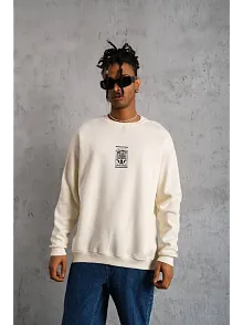 Unisex Bisiklet Yaka Baskılı Oversize Sweatshirt - Beyaz