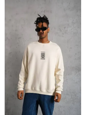 Unisex Bisiklet Yaka Baskılı Oversize Sweatshirt - Beyaz Unisex Bisiklet Yaka Baskılı Oversize Sweatshirt - Beyaz