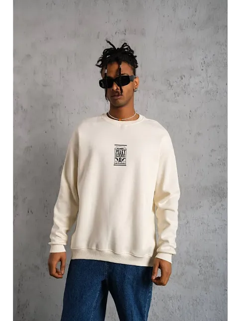 Unisex Bisiklet Yaka Baskılı Oversize Sweatshirt - Beyaz