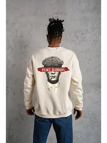 Unisex Bisiklet Yaka Baskılı Oversize Sweatshirt - Beyaz