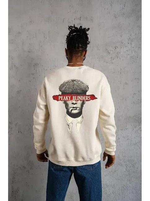 Unisex Bisiklet Yaka Baskılı Oversize Sweatshirt - Beyaz