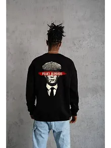 Unisex Bisiklet Yaka Baskılı Oversize Sweatshirt - Siyah
