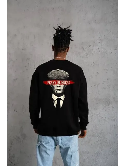 Unisex Bisiklet Yaka Baskılı Oversize Sweatshirt - Siyah
