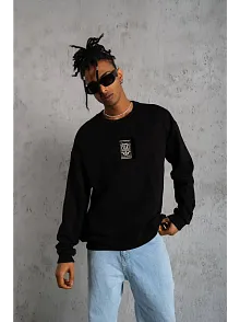 Unisex Bisiklet Yaka Baskılı Oversize Sweatshirt - Siyah
