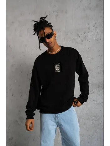 Unisex Bisiklet Yaka Baskılı Oversize Sweatshirt - Siyah Unisex Bisiklet Yaka Baskılı Oversize Sweatshirt - Siyah