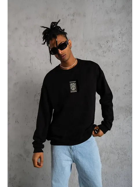 Unisex Bisiklet Yaka Baskılı Oversize Sweatshirt - Siyah