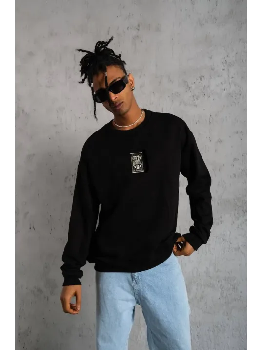 Unisex Bisiklet Yaka Baskılı Oversize Sweatshirt - Siyah