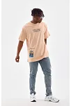 Unisex Bisiklet Yaka Baskılı Oversize T-shirt - Bej