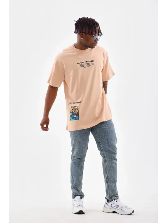 Unisex Bisiklet Yaka Baskılı Oversize T-Shirt - Bej Unisex Bisiklet Yaka Baskılı Oversize T-Shirt - Bej