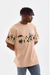 Unisex Bisiklet Yaka Baskılı Oversize T-shirt - Bej
